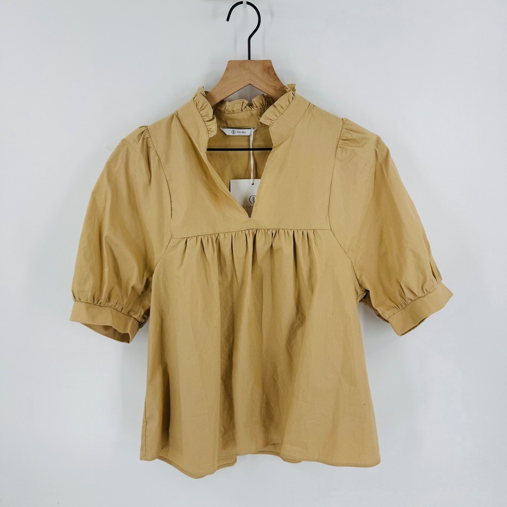 Cicy Bell Tan Babydoll Peasant Top NWT Size S Ruffle Puff Sleeve Neutral Capsule - Picture 6 of 10